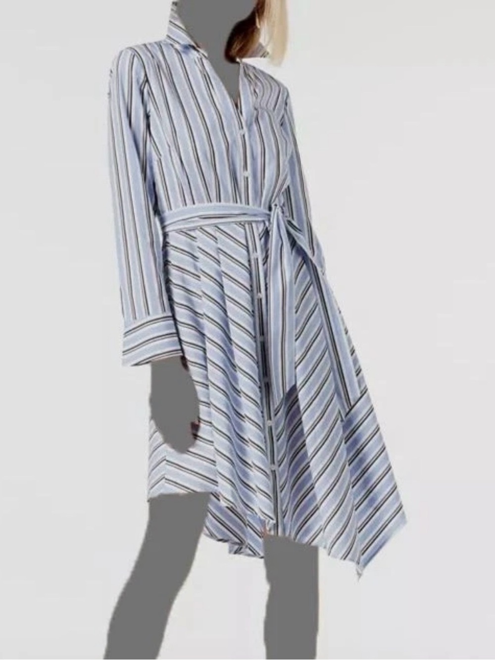INC International Concepts Blue and White Asymmetrical Stripe Shirt Dress
